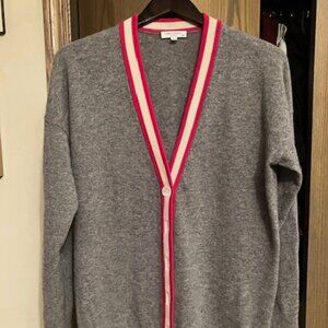 Equipment Cashmere Long Cardigan, Grey, Fuchsia and white ribbed edging, M